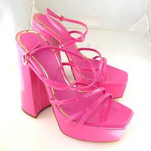 Liliana hot pink glossy patent faux leather thin strappy platform sandals sz 5.5